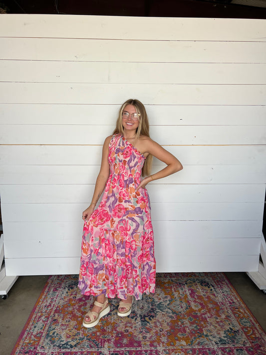 ONE SHOULDER FLORAL MAXI DRESS