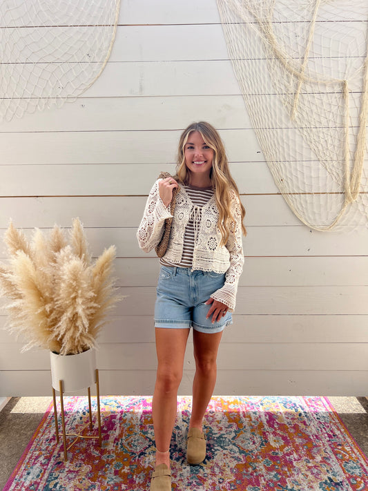 BEIGE CROCHET TIE FRONT CARDIGAN