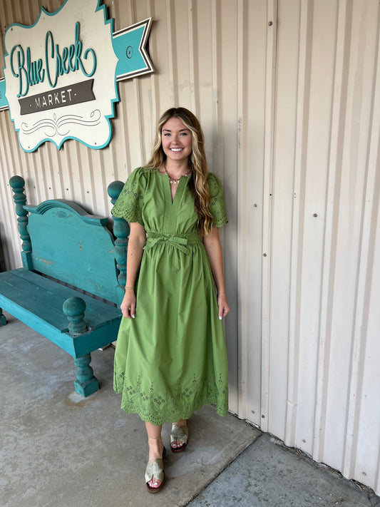 GREEN EYELET BELTED MIDI DRESS