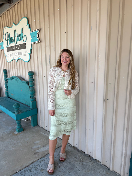 SAGE LACE MIDI DRESS