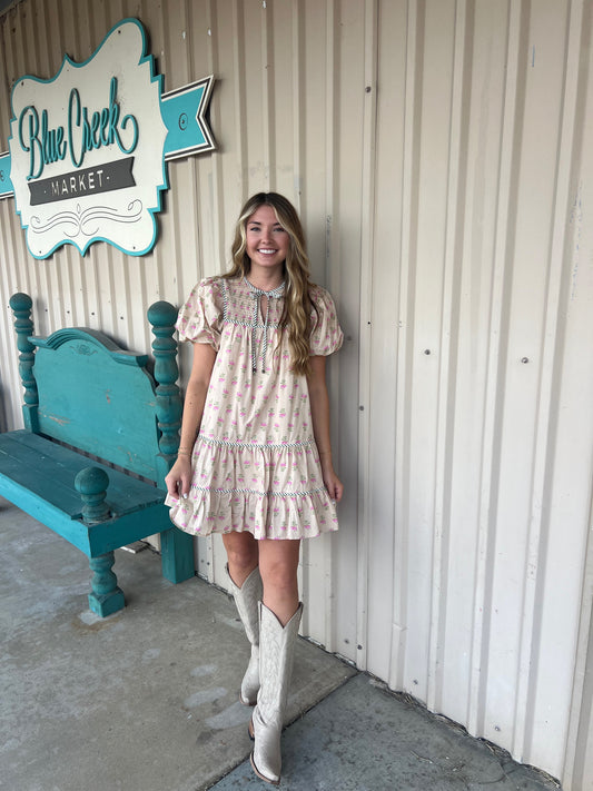 ECRU PINK FLORAL GREENS STRIPE DRESS