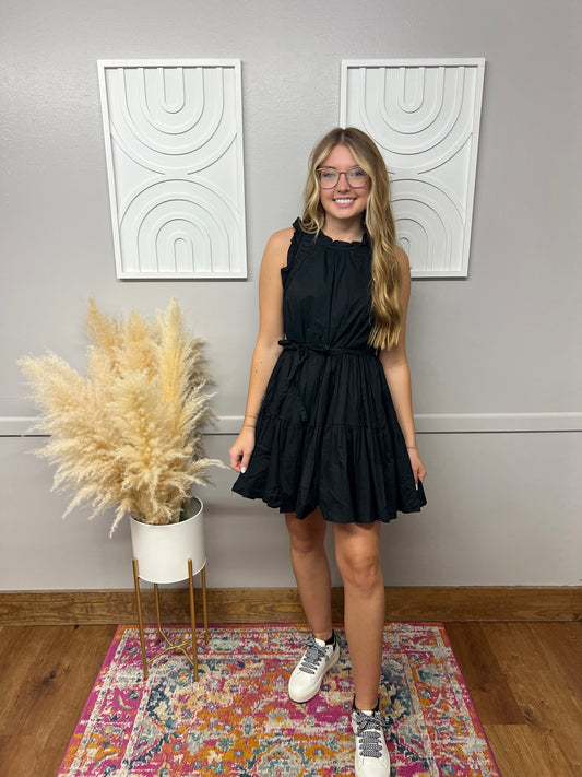 TARA BLACK RUFFLE SLEEVE DRESS