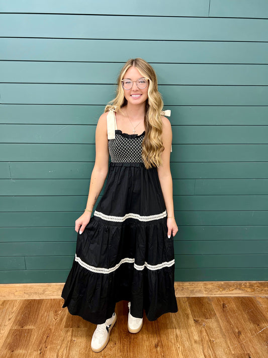 BLACK TAN TIE STRAP TIERED MAXI DRESS