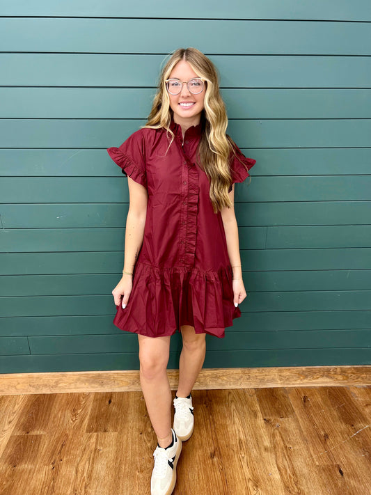 BURGUNDY BUTTON RUFFLE DETAIL DRESS