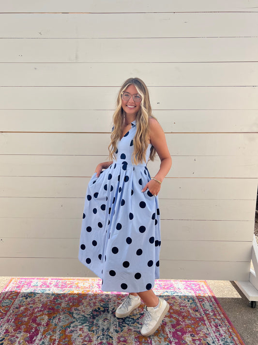 HOLLY BLUE POLKA DOT MIDI DRESS