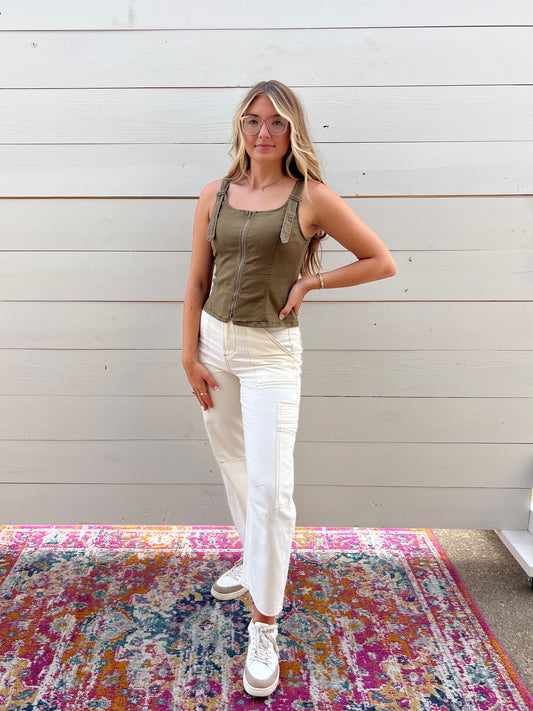 KEIRA OLIVE SCOOP BUCKLE STRAP TANK