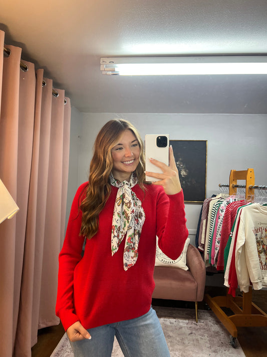 RED WAFFLE TEXTURED SWEATER