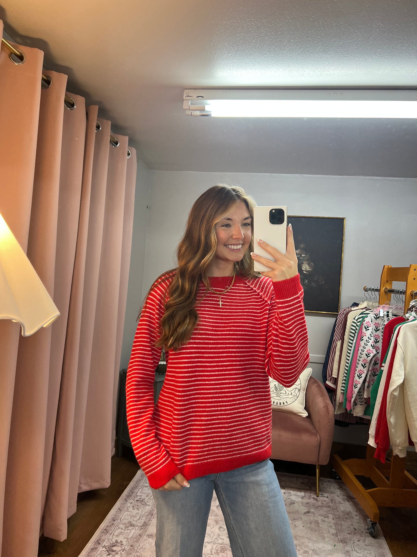 RED STRIPED CREW SWEATER
