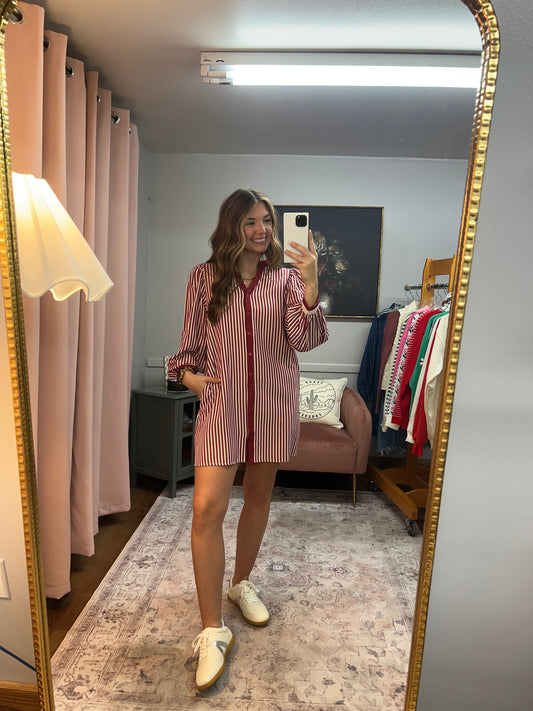 MAGENTA STRIPED LONG SLEEVE SHORT DRESS