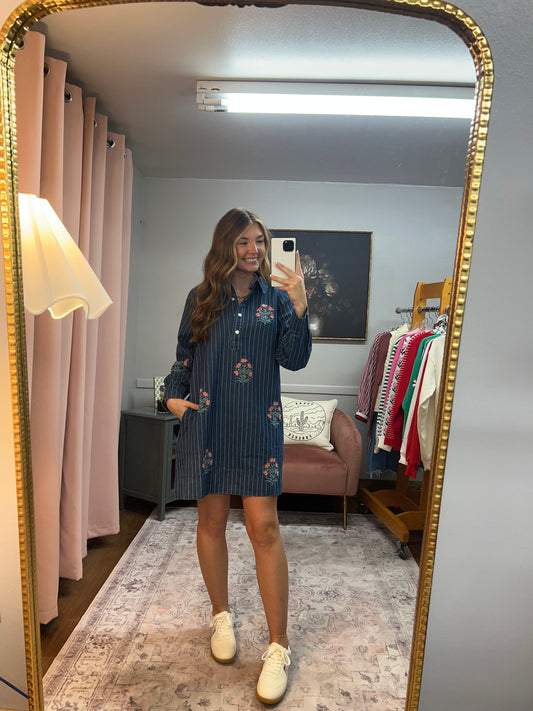 DENIM STRIPED FLORAL DRESS