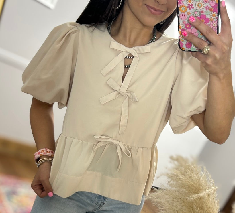 CARLY ECRU MINI BOW DETAIL BLOUSE