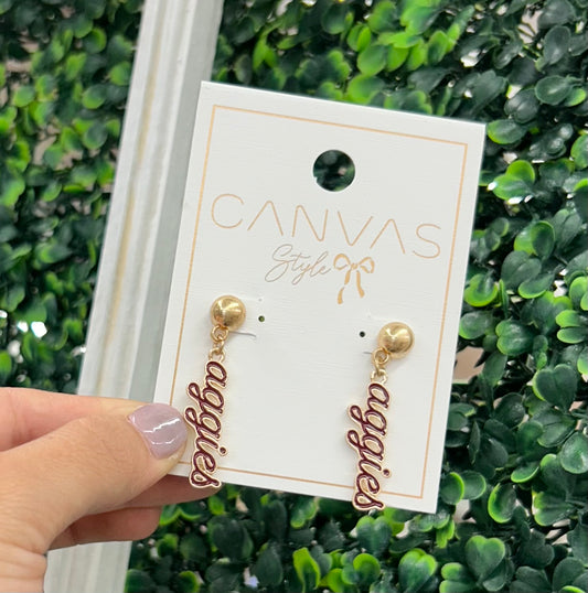 CANVAS STYLE CURSIVE AGGIE STYLE EARRINGS