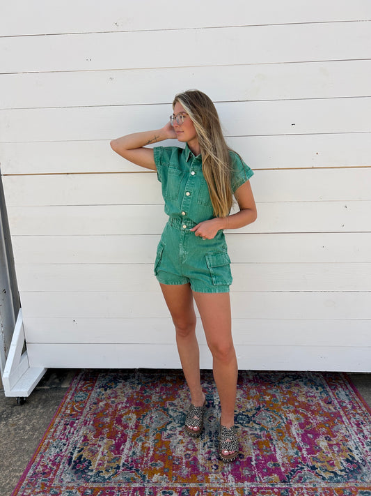 SAMMY GRN WASHED DENIM ROMPER