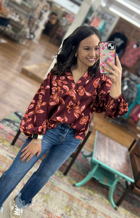 DANNA RUBY WINE FLORAL L/S BLOUSE