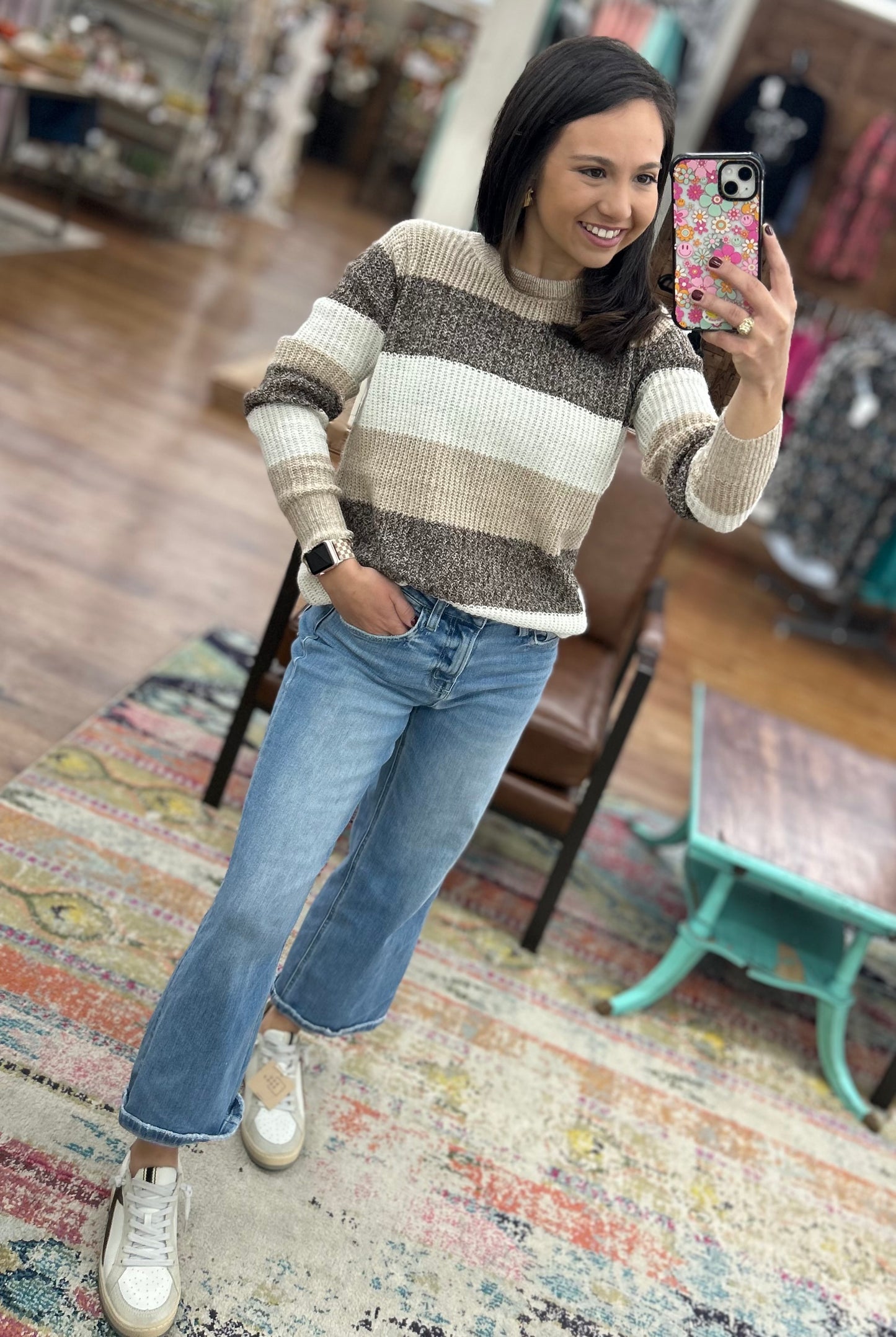 RILEY TAUPE/BRWN CREW NECK SWEATER