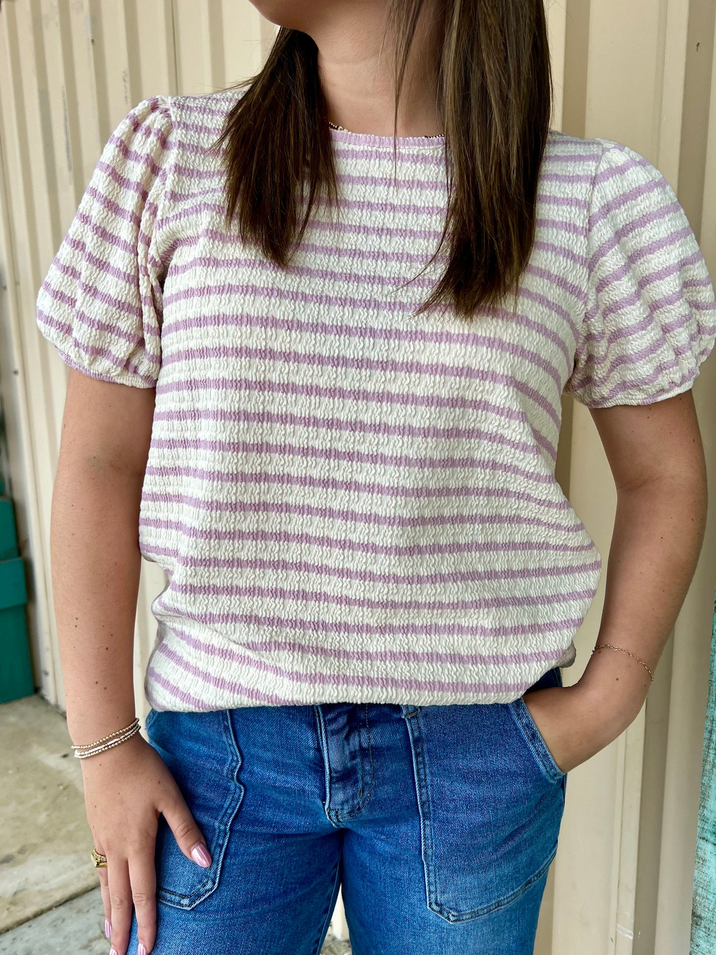MOLLY CREAM MAUVE STRIPED TOP
