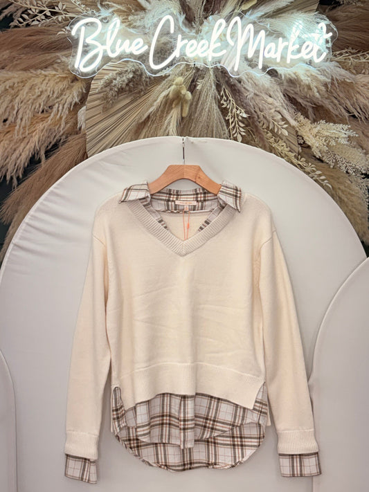 CREAM PLAID COLLAR SWTR