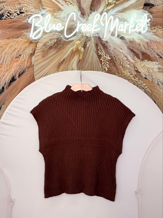 BRWN KNIT RIBBED HIGH NECK