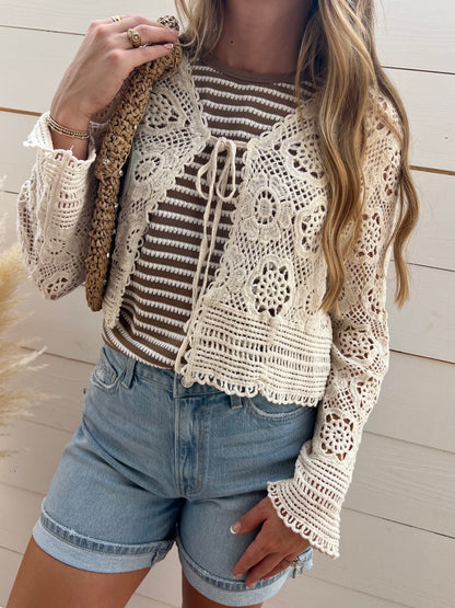 BEIGE CROCHET TIE FRONT CARDIGAN