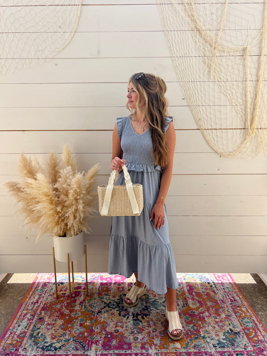 HAILEY DUSTY BLUE MIDI DRESS