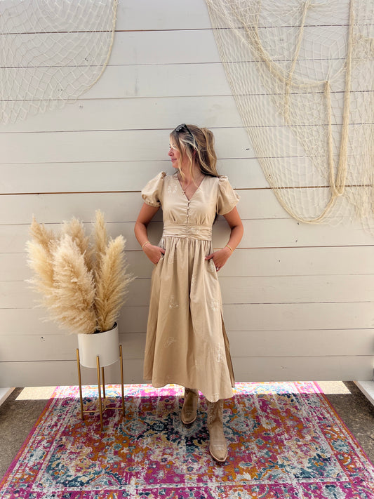 TAN WESTERN EMBROIDERED MIDI DRESS