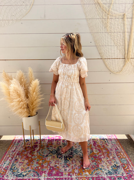 LOGAN CREAM EYELET MIDI DRESS