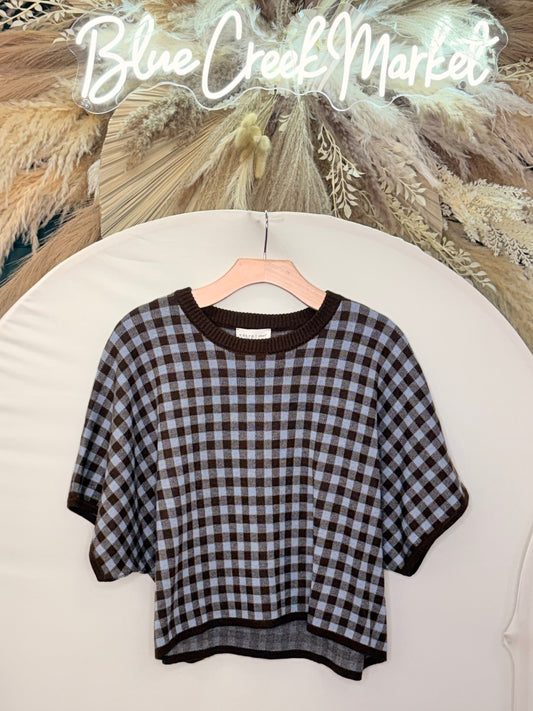 BROWN AND BLUE CHECKERED SWEATER