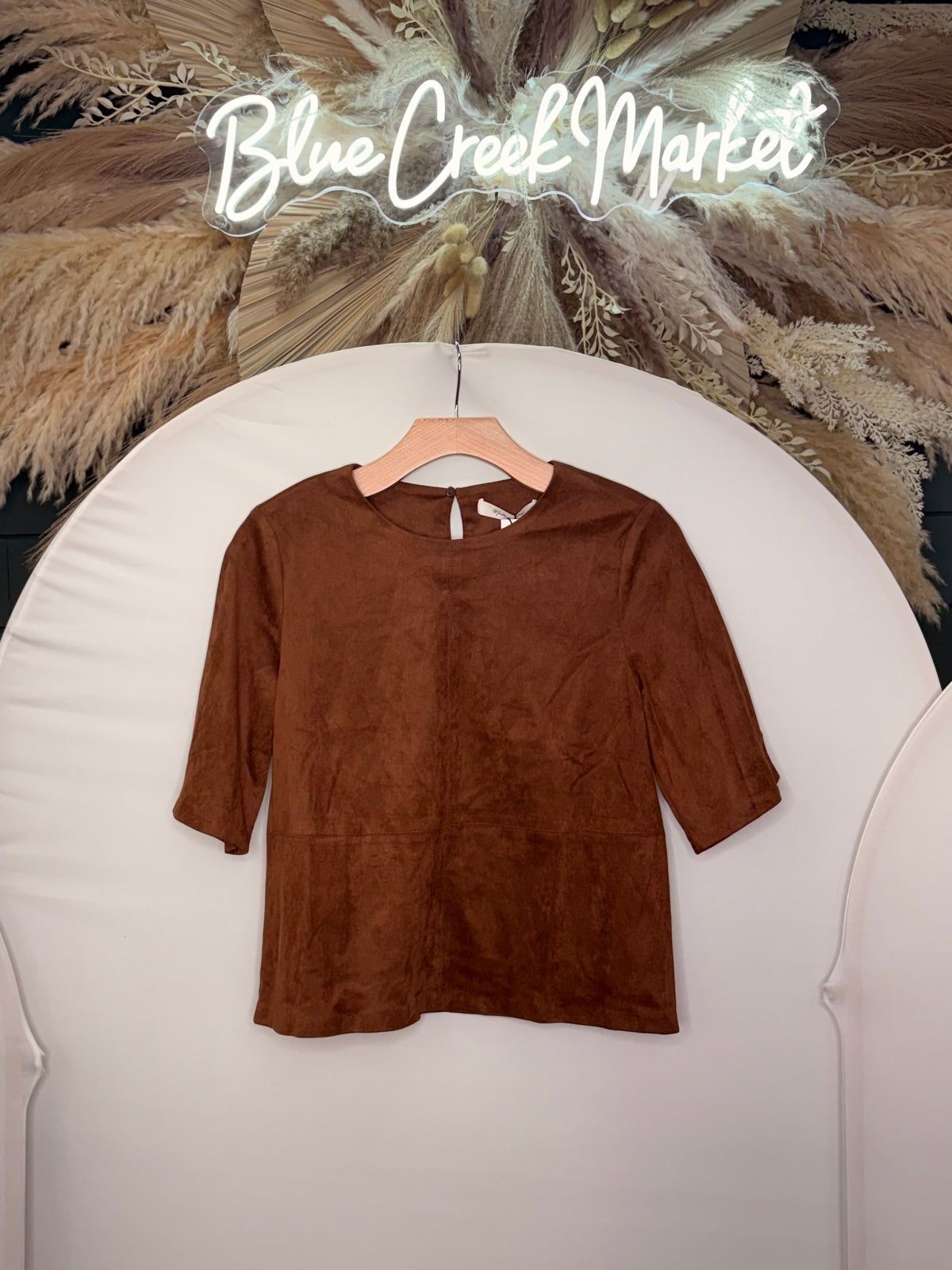 BROWN FAUX SATIN SUEDE TOP