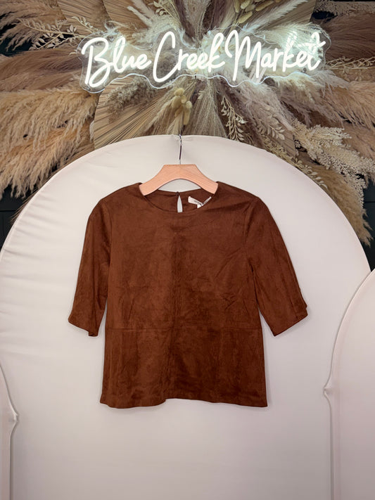 BROWN FAUX SATIN SUEDE TOP