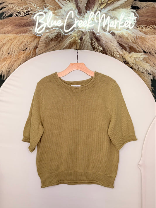 OLIVE RAW EDGE 1/2 SLV KNIT