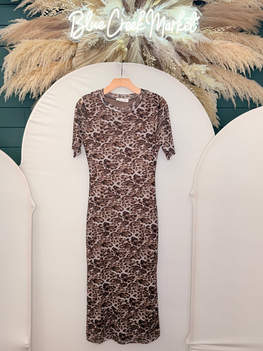 BROWN MESH SLV MIDI DRESS