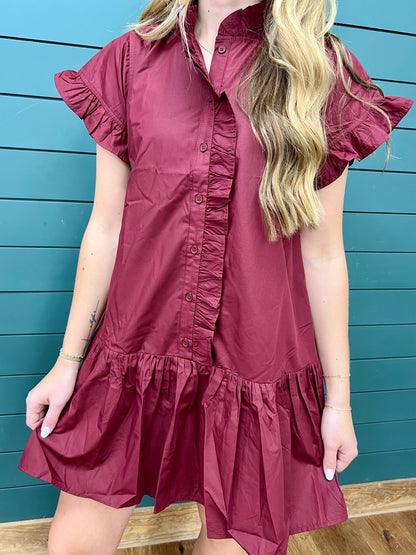 BURGUNDY BUTTON RUFFLE DETAIL DRESS