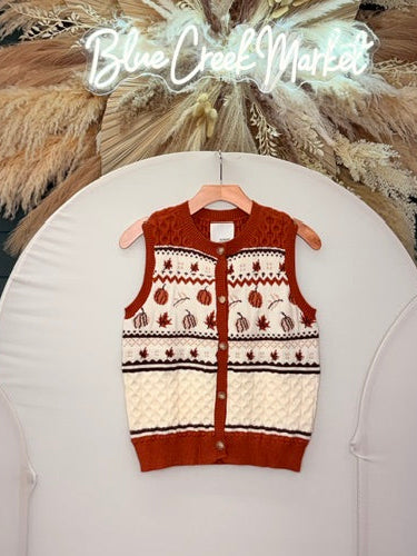 WHT/RUST PUMPKIN SWEATER VEST
