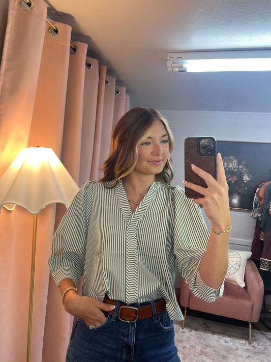 GREEN STRIPED 3/4 SLEEVE BLOUSE