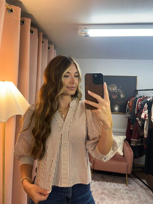 RUST STRIPED 3/4 SLEEVE BLOUSE