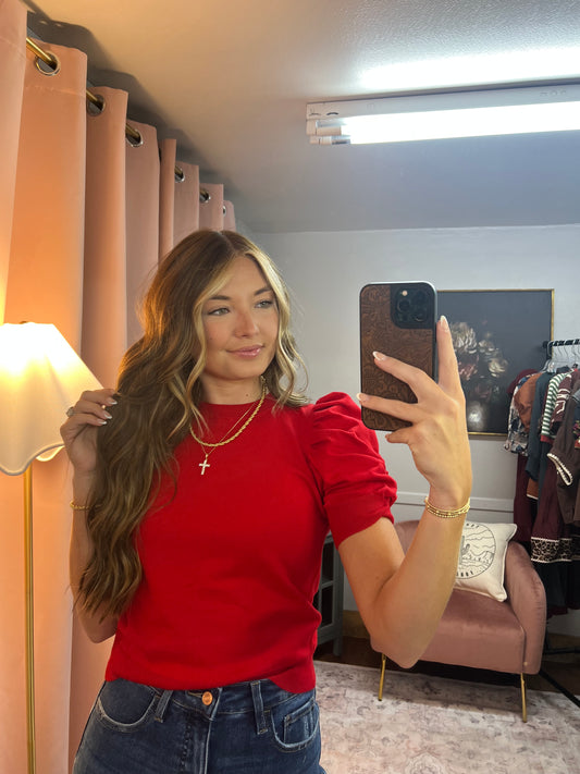 RED PUFF SLEEVE SWEATER TOP