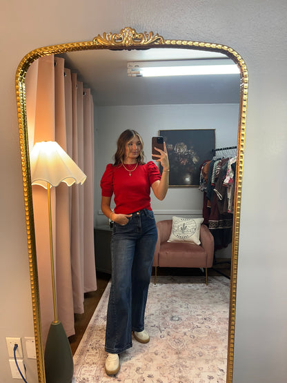 RED PUFF SLEEVE SWEATER TOP