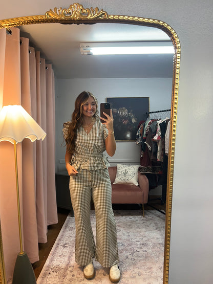 OLIVE GINGHAM SET BOW TIE TOP