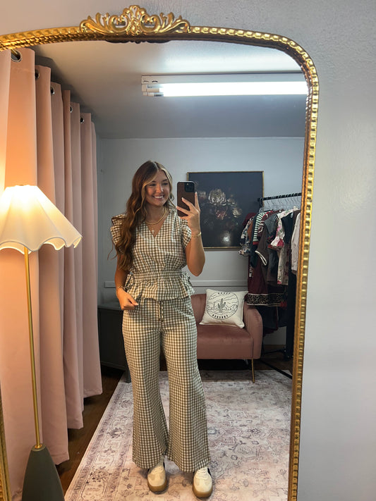 OLIVE GINGHAM SET BOW TIE TOP