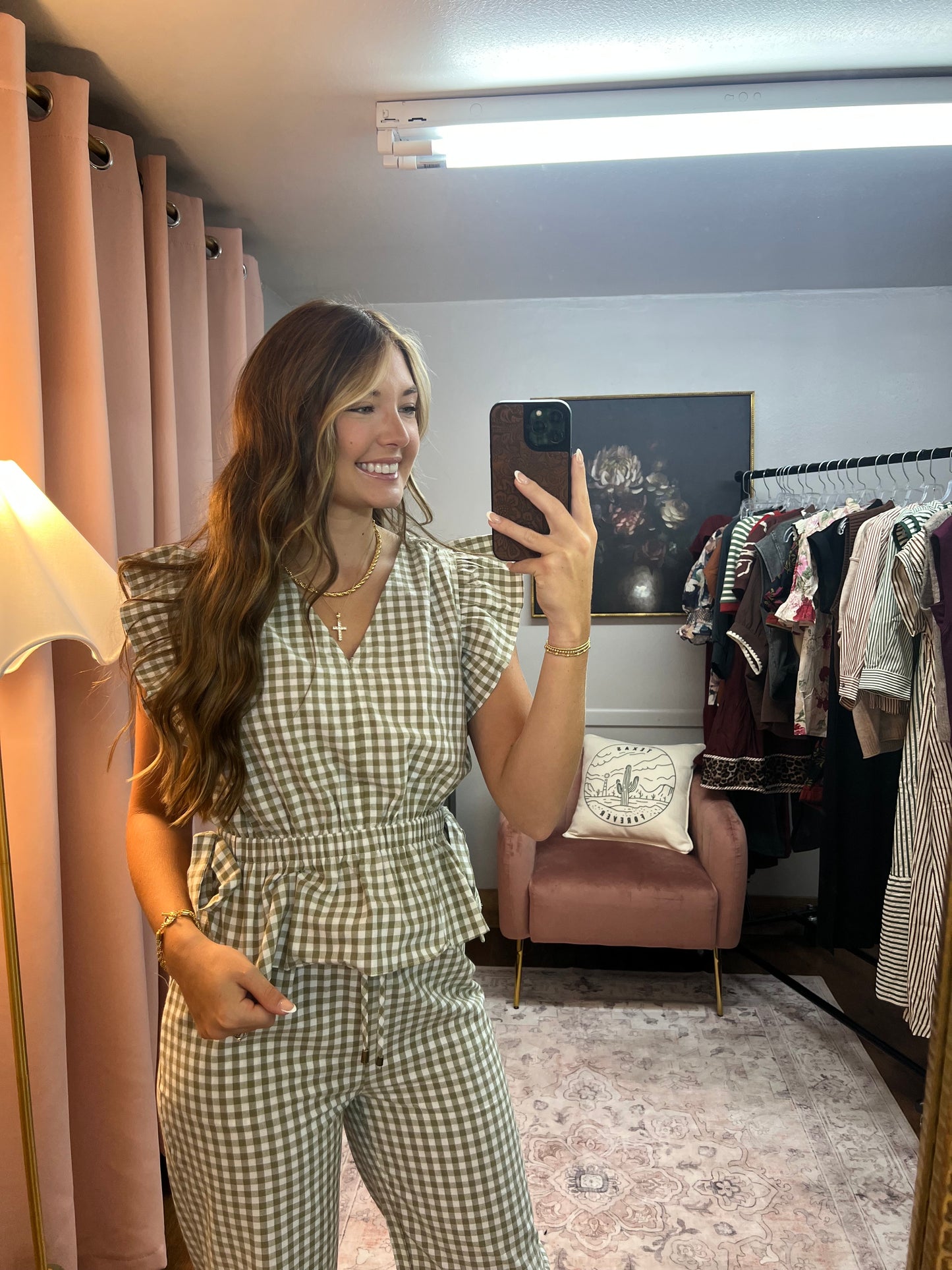 OLIVE GINGHAM SET BOW TIE TOP
