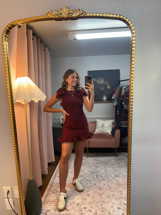 BURGUNDY BOW SLEEVE RUFFLE HEM DRESS