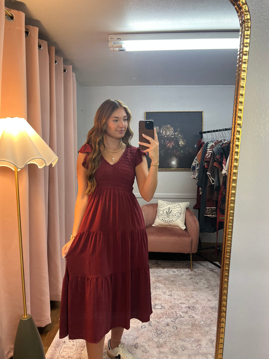 BURGUNDY SMOCK TIERED MAXI DRESS