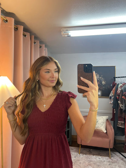 BURGUNDY SMOCK TIERED MAXI DRESS