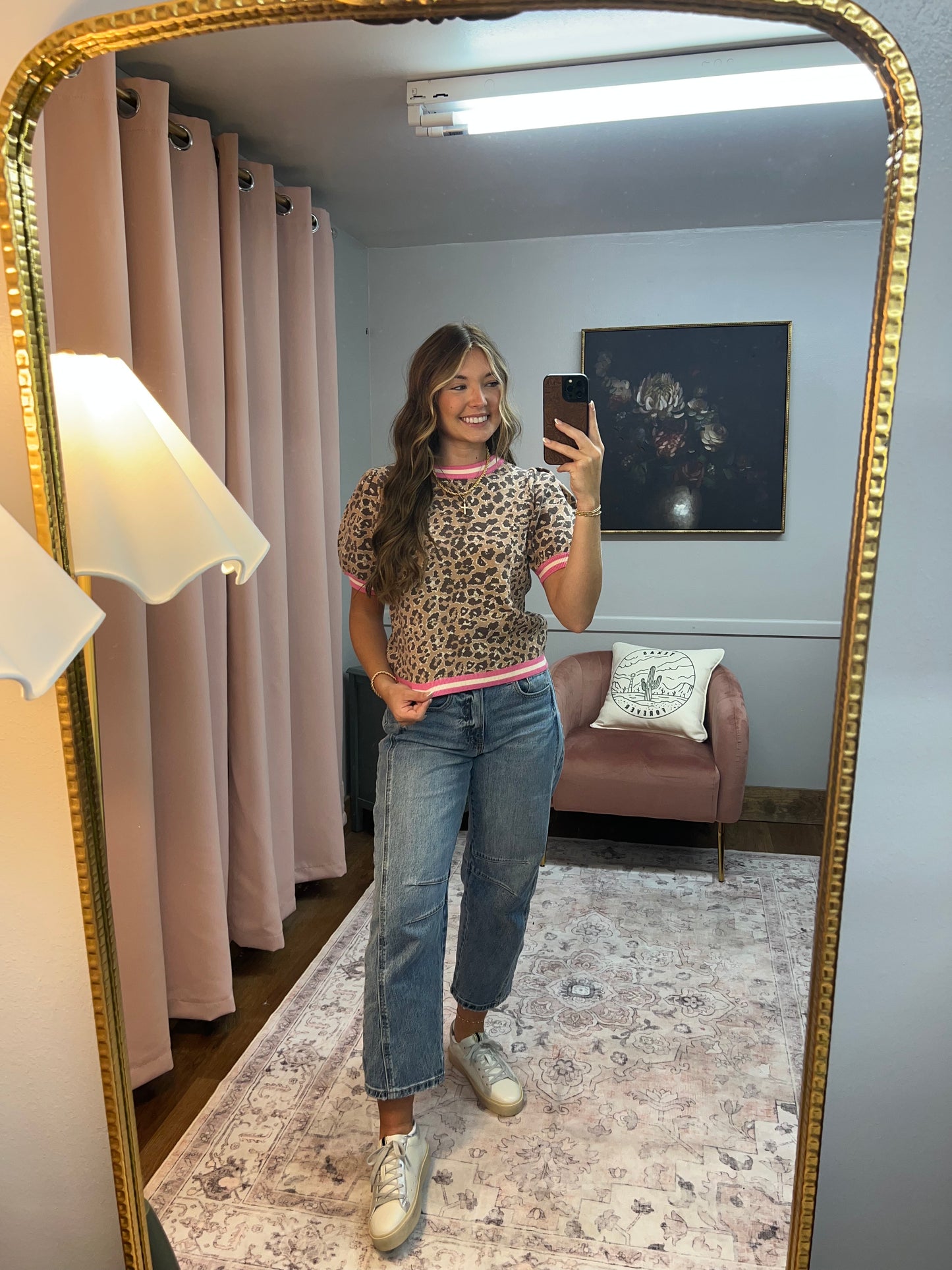 LEOPARD PRINT PINK TRIM KNIT TOP
