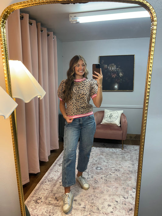 LEOPARD PRINT PINK TRIM KNIT TOP