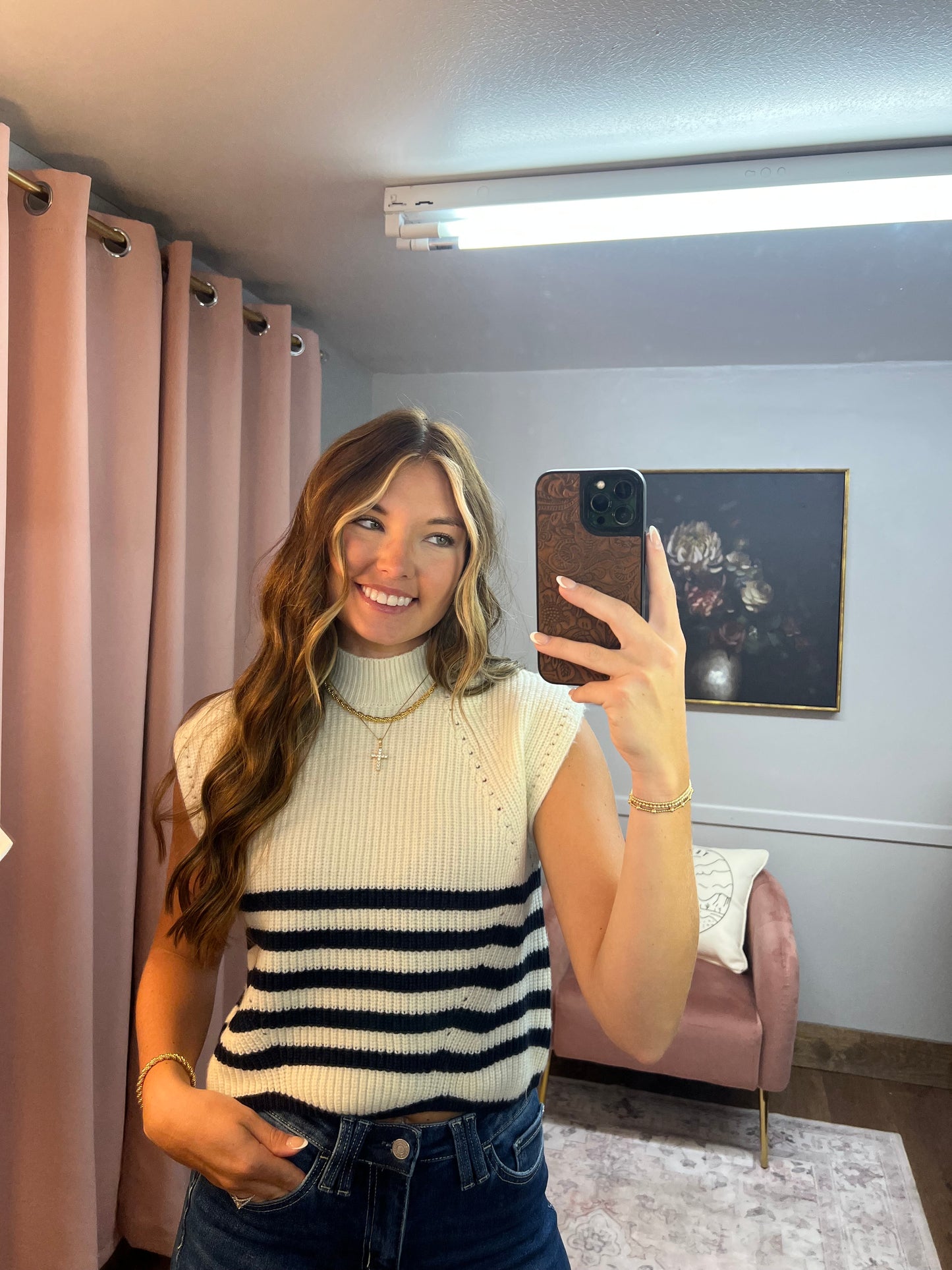 IVORY/NAVY STRIPED KNIT TOP