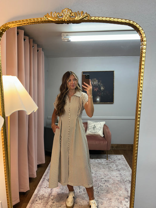 BROWN STRIPED BUTTON MAXI DRESS