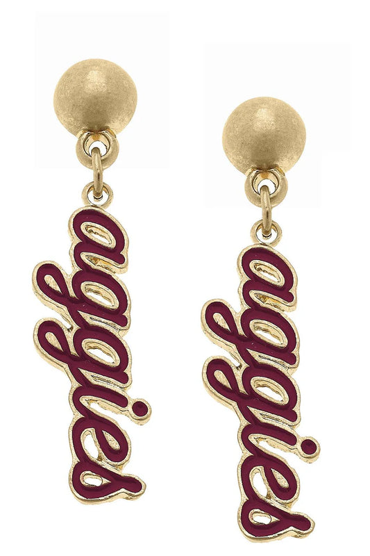 CANVAS STYLE CURSIVE AGGIE STYLE EARRINGS